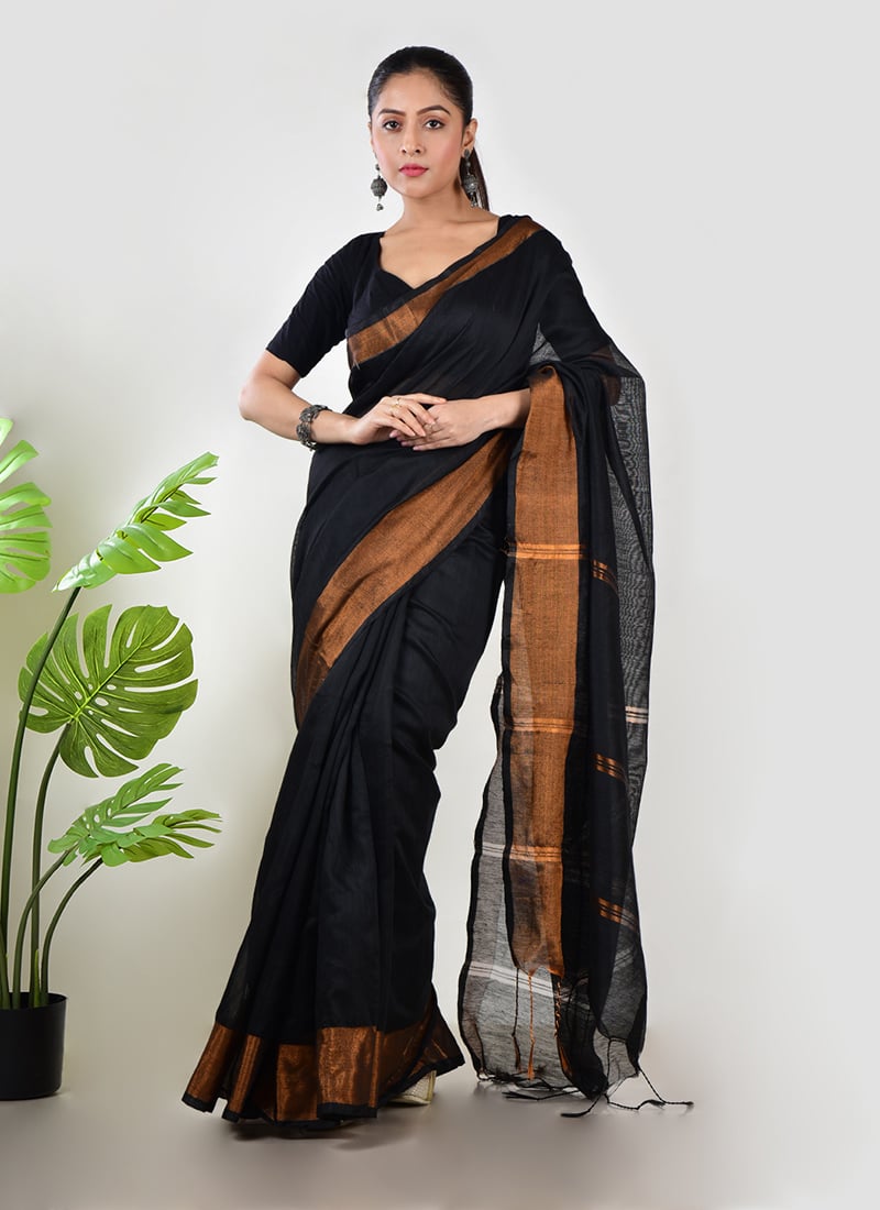 Black Linen Zari Work Saree