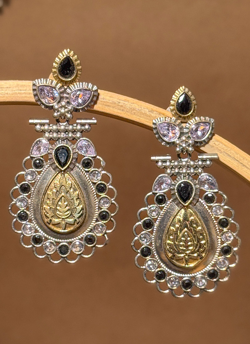 Black Lotus Engraved Kundan Dangler Earrings Festive Wear