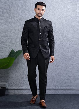 Black Lucknowi Silk Bandhgala Jodhpuri Suits