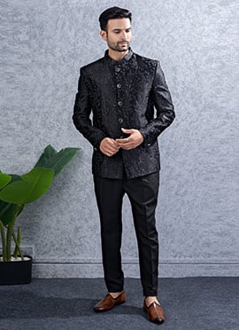 Black Lucknowi Silk Bandhgala Jodhpuri Suits