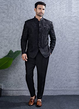 Black Lucknowi Silk Hand Embroidered Bandhgala Jodhpuri Suits