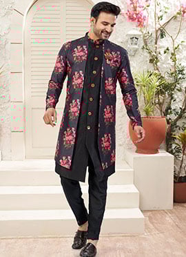 Black Malbari Banarasi Silk Digital Print Indowestern Sherwani