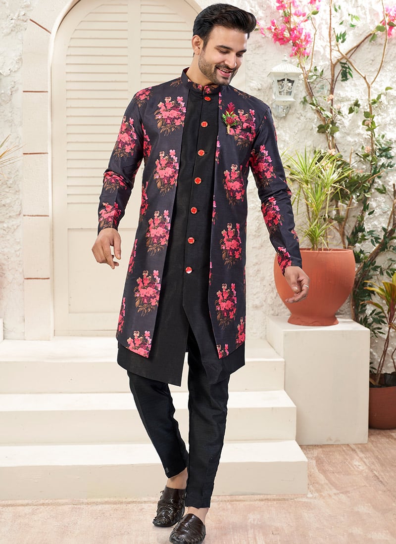 Black Malbari Banarasi Silk Digital Print Indowestern Sherwani Wedding Wear