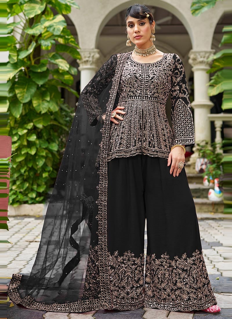 Black Mirror Work With Embroidery Chinon High Slit Palazzo Suit Festive Wear