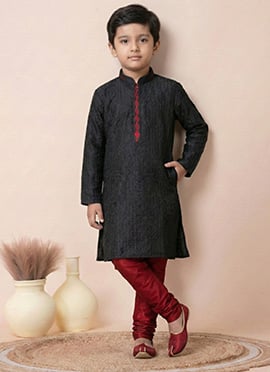 Black Mix Cotton Kids Boys Kurta Pyjama