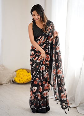 Black Moss Satin Digital Print Saree