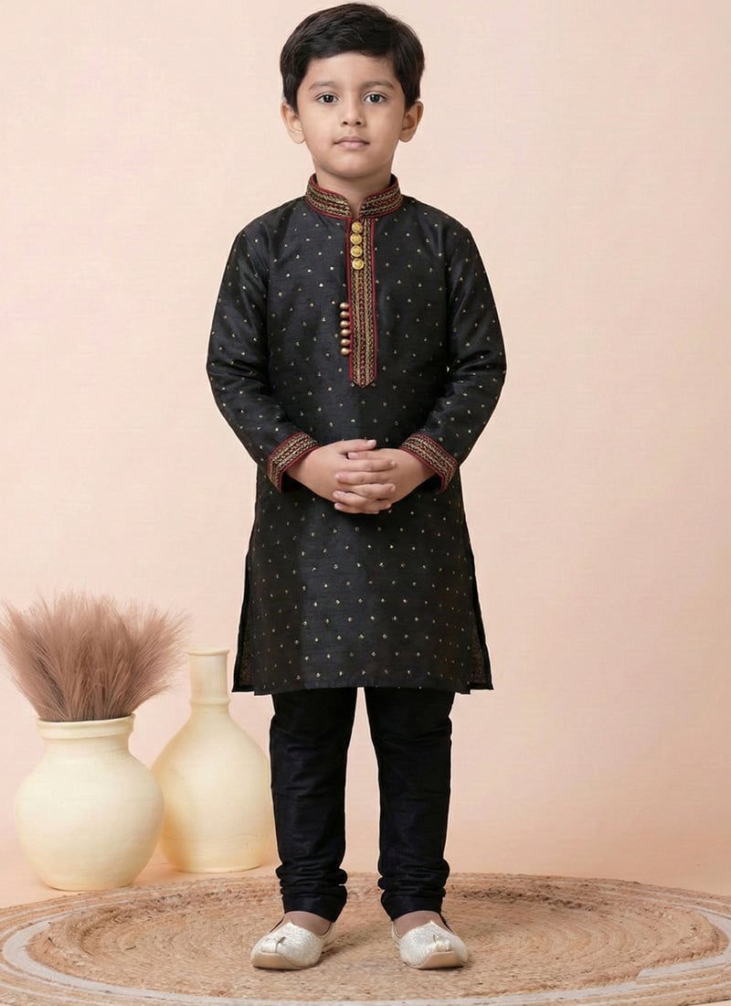 Black Mulberry Silk Zari Kids Boys Kurta Pyjama Festive Wear
