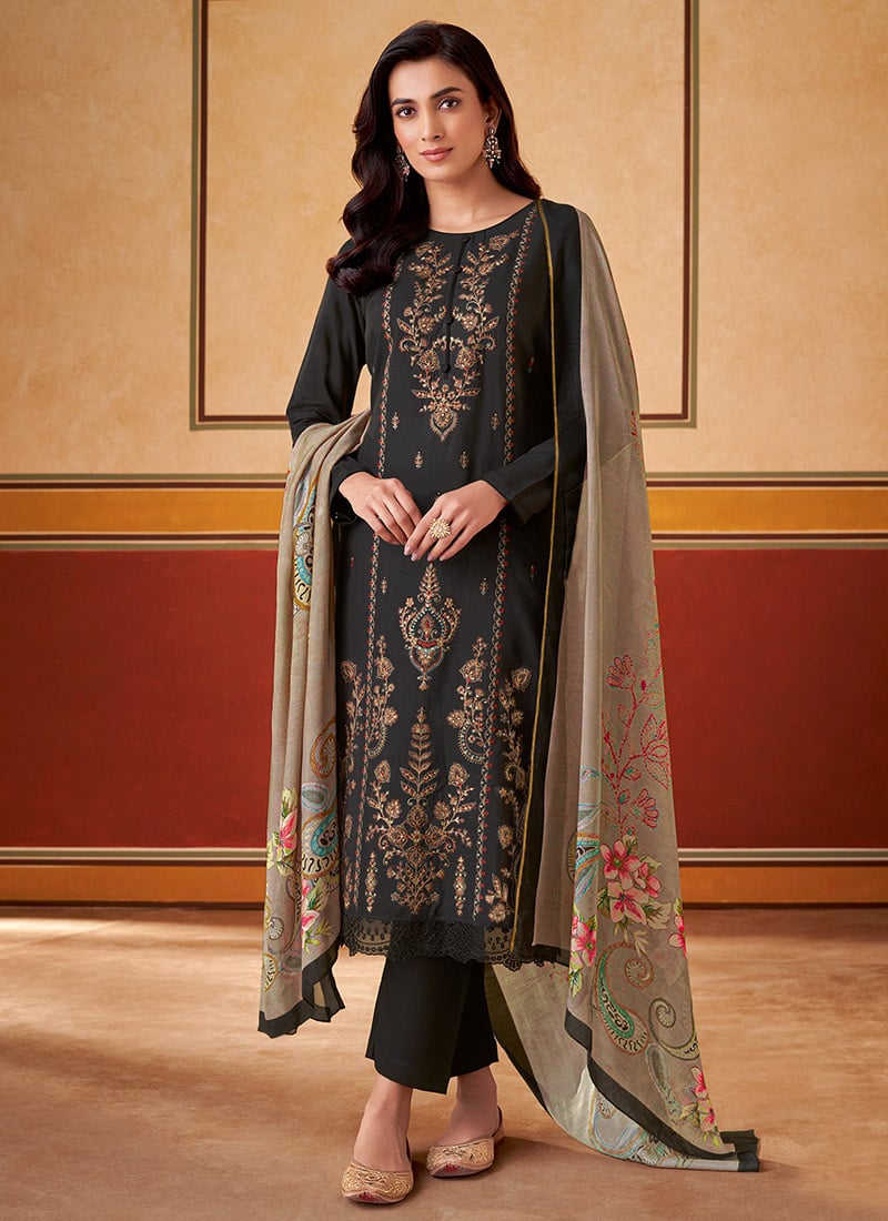 Black Muslin Digital Print Embroidered Pakistani Straight Pant Suit Festive Wear