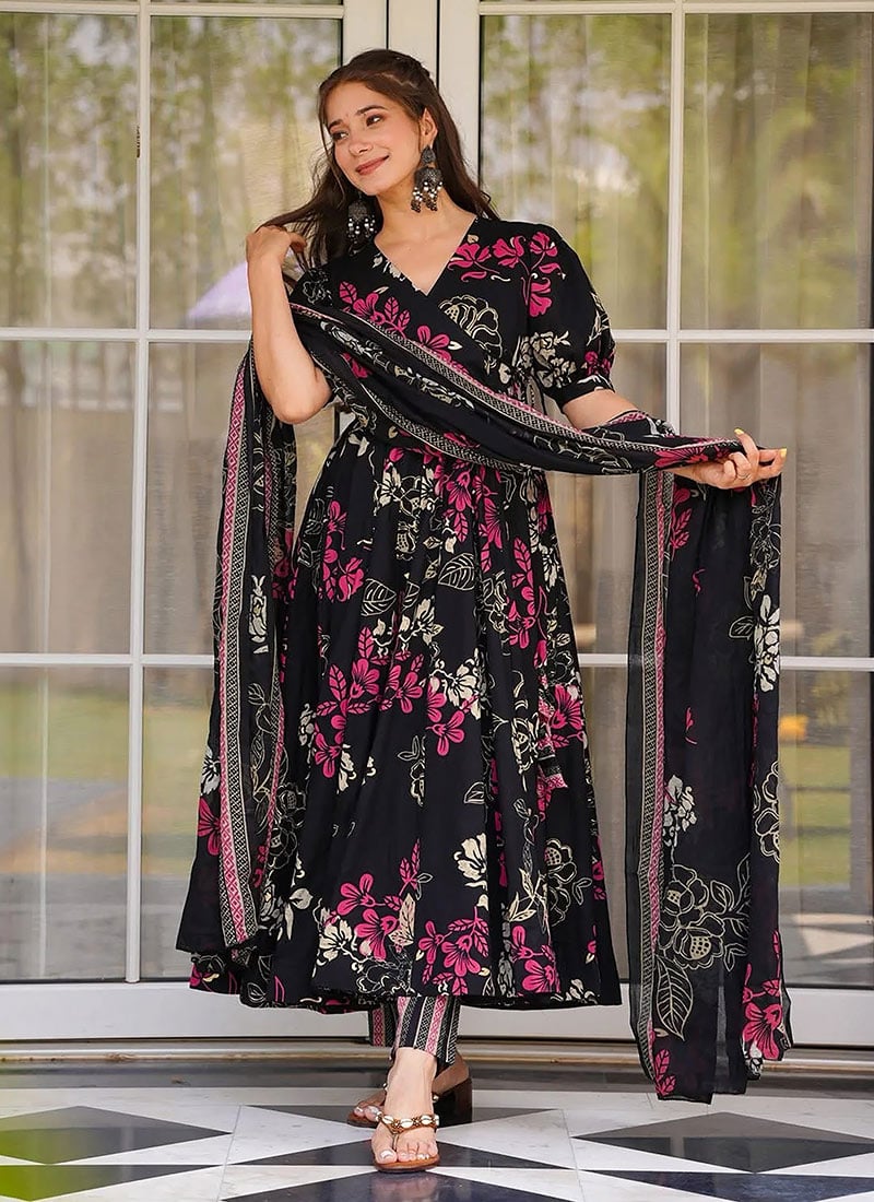 Black Muslin Digital Print Flared Anarkali Suit After Six Wear
