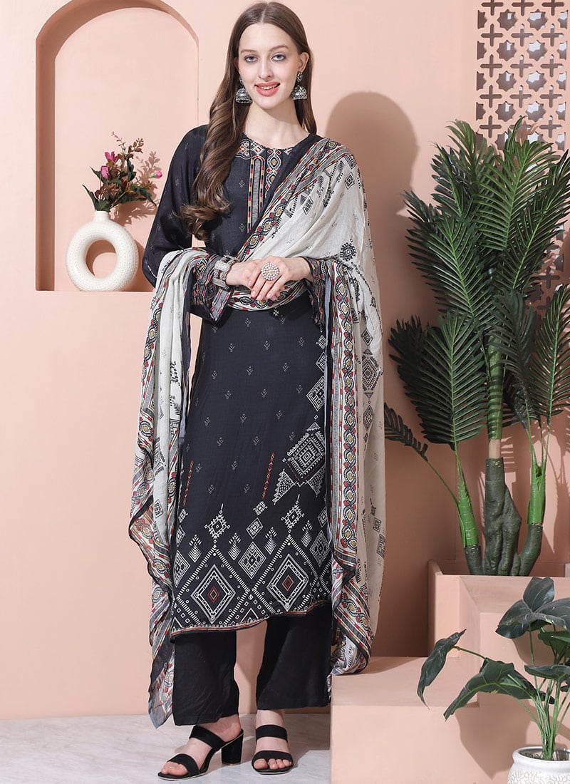 Black Muslin Digital Print Straight Pant Suit After Six Wear