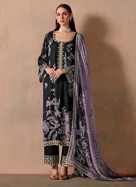 Black Muslin Digital Printed With Gota Work And Embroidered Straight Pant Suit