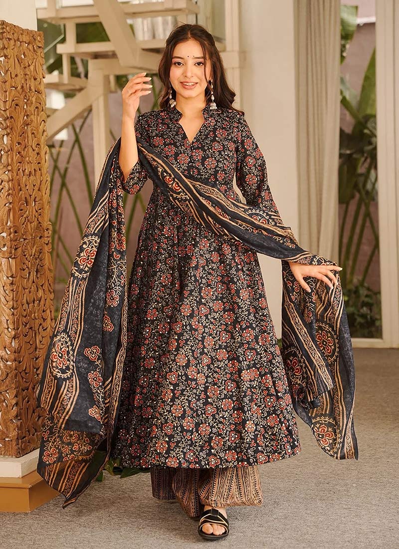 Black Muslin Floral Digital Print Anarkali Suit Festive Wear