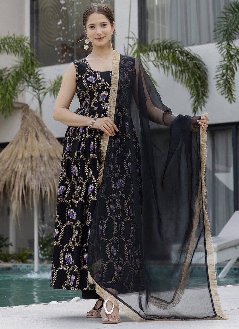 Black Muslin Foil Print Anarkali Suit Festive Wear