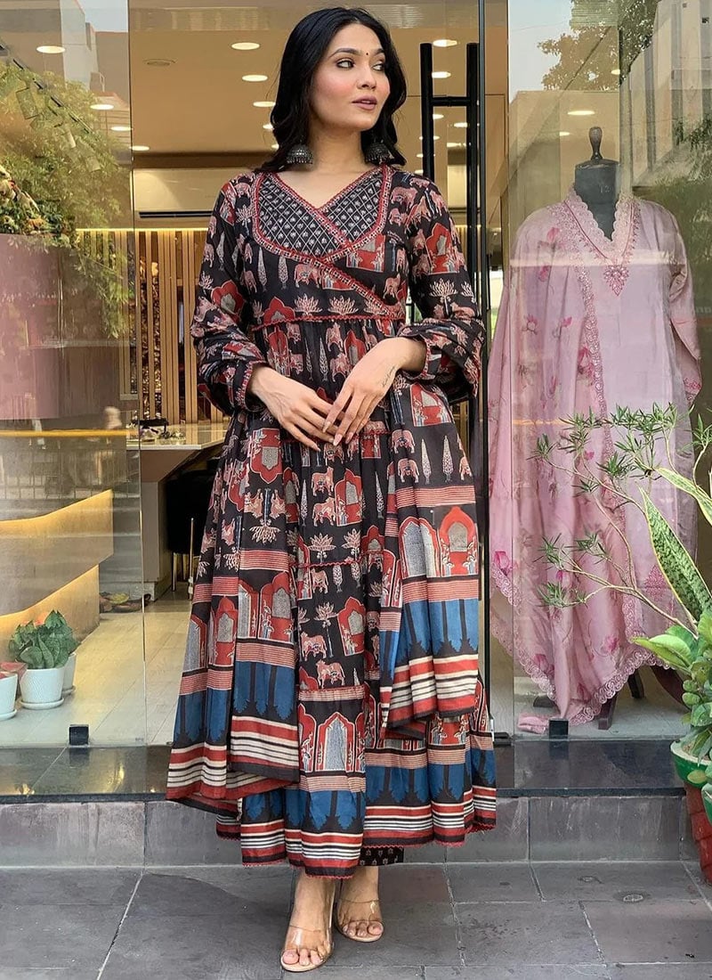 Black Muslin Printed Elegant Anarkali Suit After Six Wear