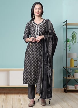 Black Muslin Printed Straight Pant Suit