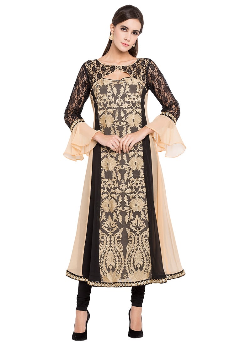 Black N Beige Embroidered Long Kurti After Six Wear