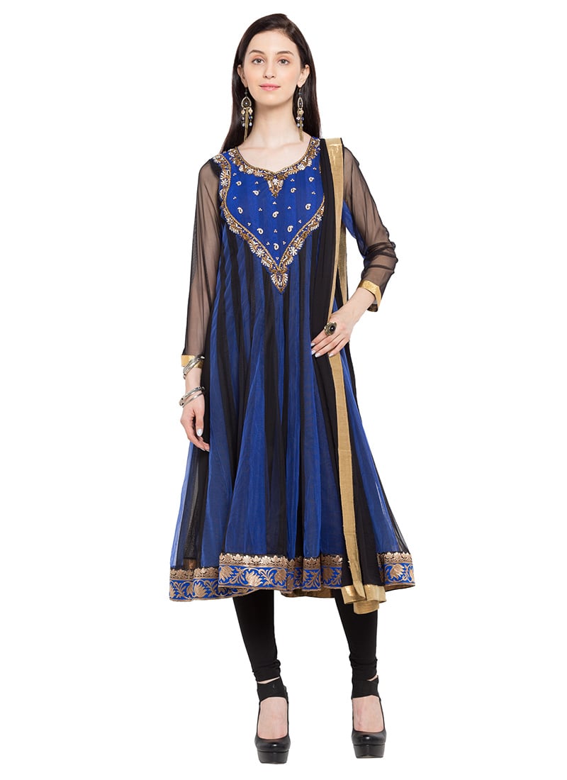 Black N Blue Net Fabric Embroidered Anarkali Suit Party Wear