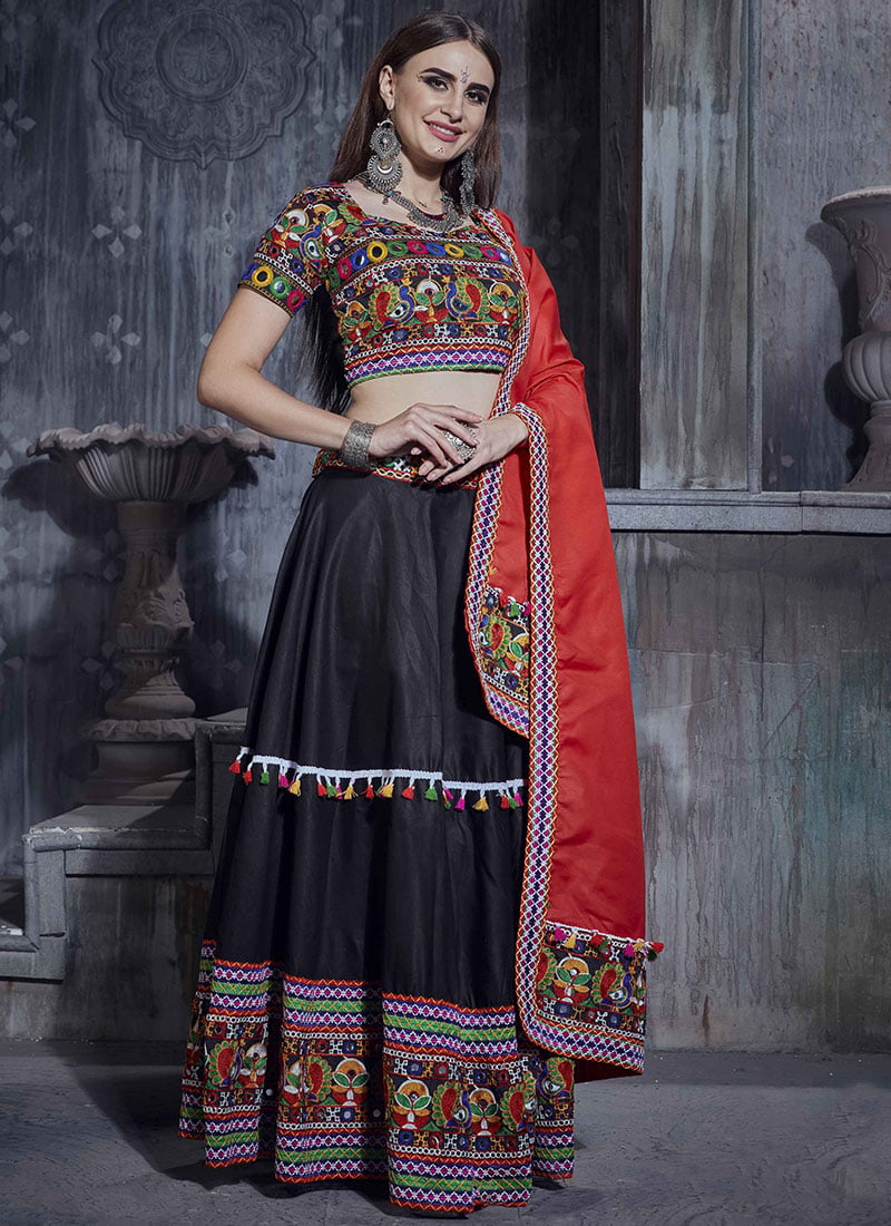 Black N Coral Red Art Silk Thread Embroidered Chaniya Choli Festive Wear