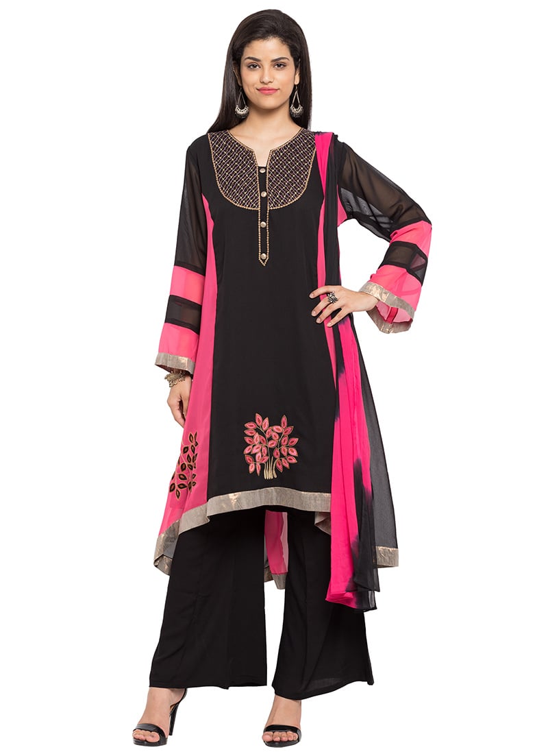 Indian Handmade Wedding Party Wear Printed Black Straight Kurti Pant And  Dupatta | eBay