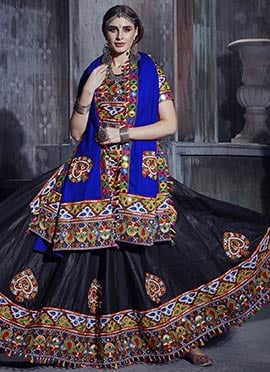 Black N Lapis Blue Art Silk Thread Embroidered Chaniya Choli