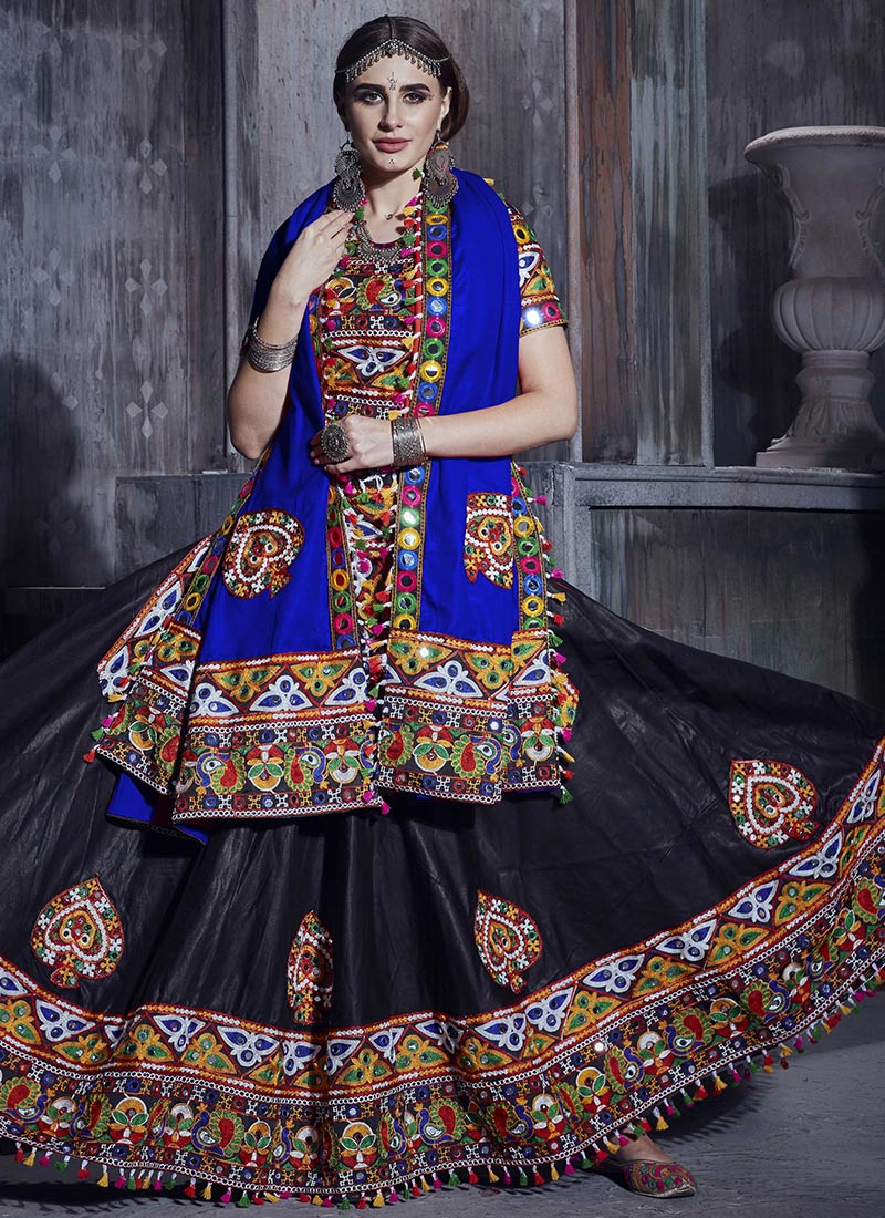 Black N Lapis Blue Art Silk Thread Embroidered Chaniya Choli Festive Wear