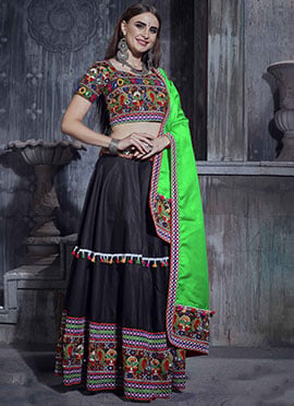 Black N Light Green Art Silk Thread Embroidered Chaniya Choli