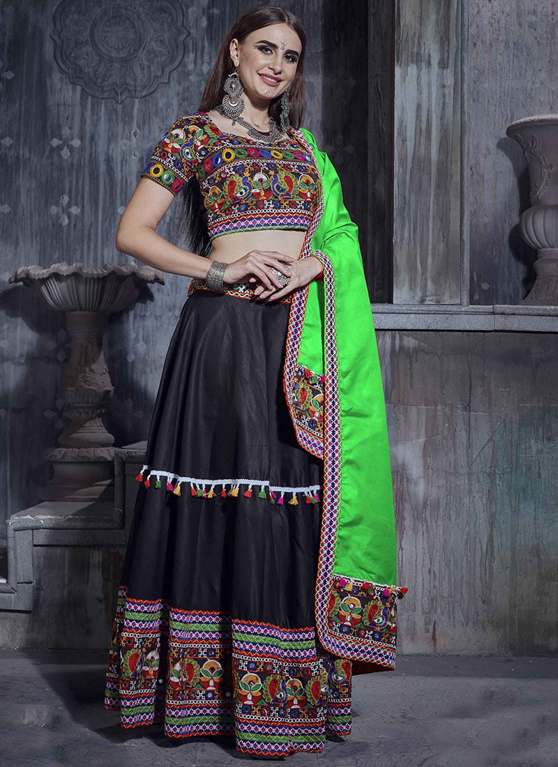 Black N Light Green Art Silk Thread Embroidered Chaniya Choli Festive Wear