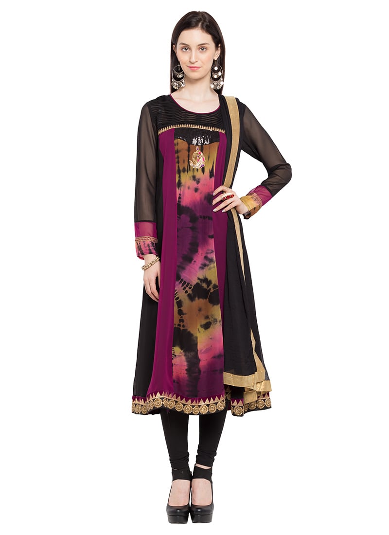 Black N Magenta Georgette Anarkali Suit Party Wear
