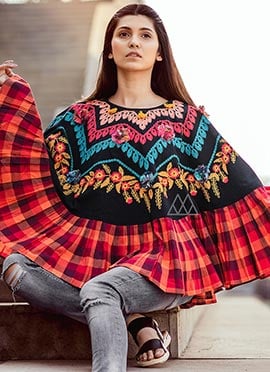 Black N Multicolored Khadi Cotton Embroidered N Printed Poncho Top