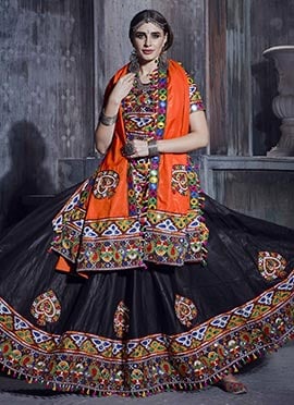 Black N Orange Art Silk Thread Embroidered Chaniya Choli