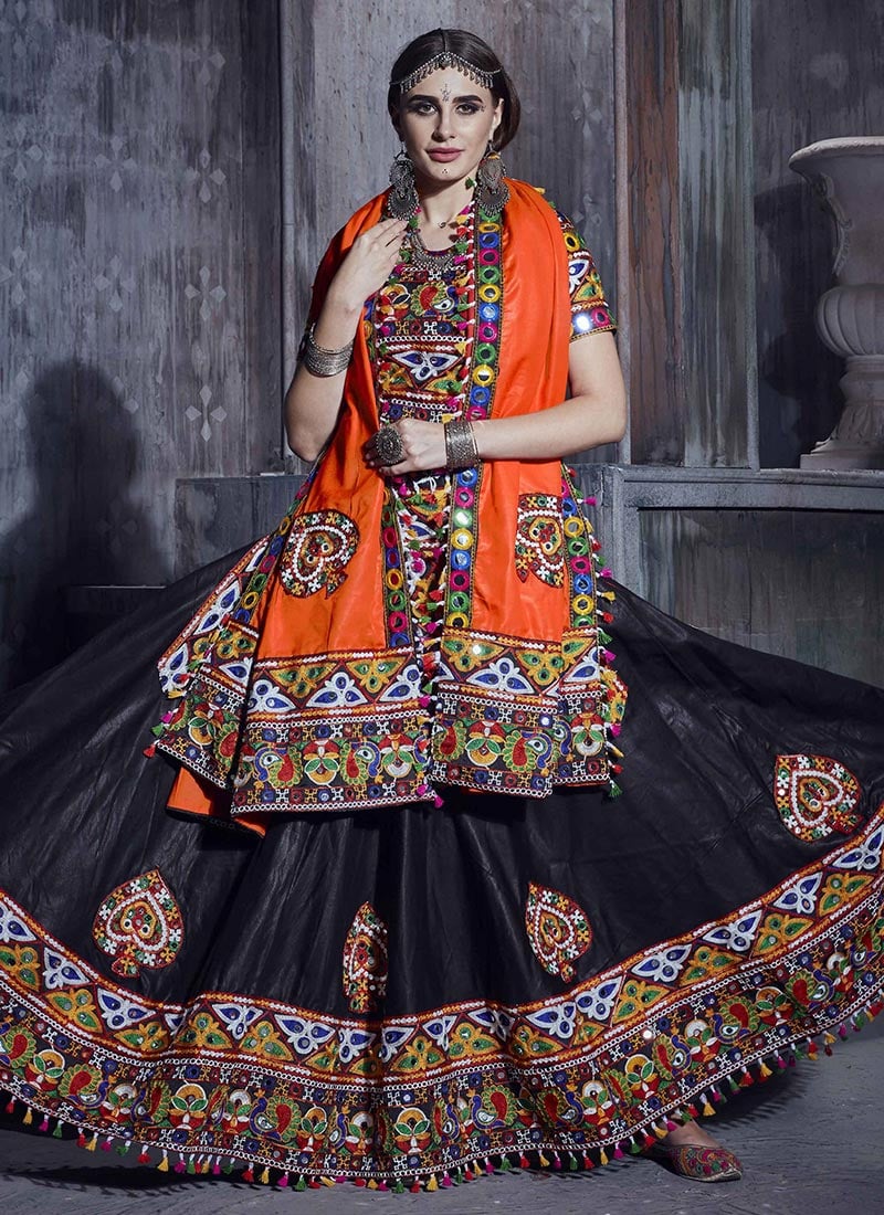 Black N Orange Art Silk Thread Embroidered Chaniya Choli Festive Wear