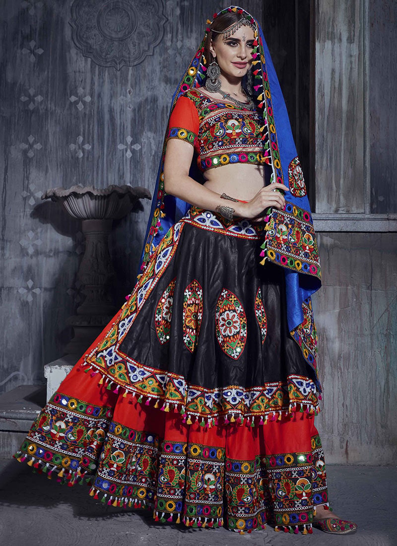 Black N Red Art Silk Thread Embroidered Chaniya Choli Festive Wear