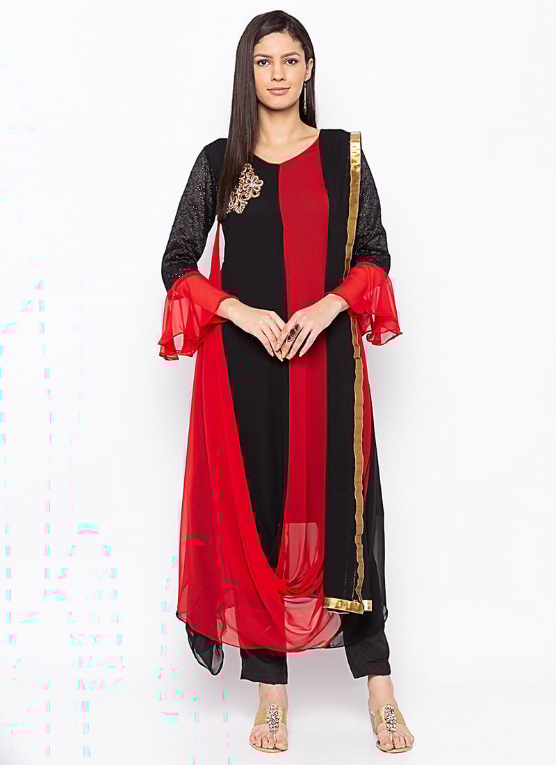 Black N Red Georgette Embroidered Straight Pant Suit