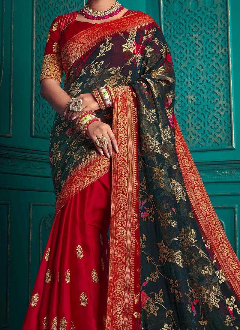 Buy Black N Red Tussar Silk Half N Half Saree Party Wear, Embroidered