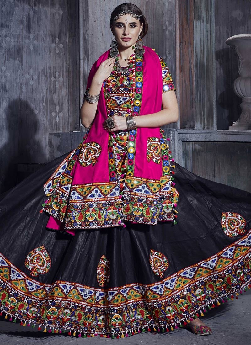 Black N Taffy Pink Art Silk Thread Embroidered Chaniya Choli Festive Wear