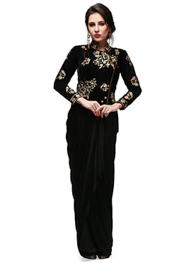 Black Net Designer Ready Pleated Saree