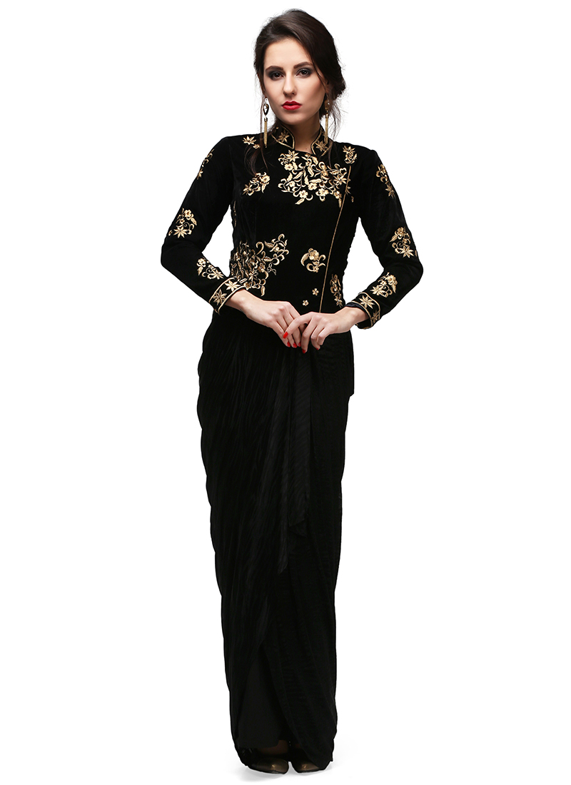 Black Net Designer Ready Pleated Saree Party Wear