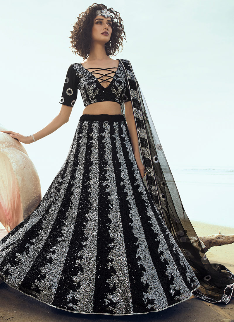 Buy Black Net Designer Umbrella Lehenga, Sequins, umbrella lehenga