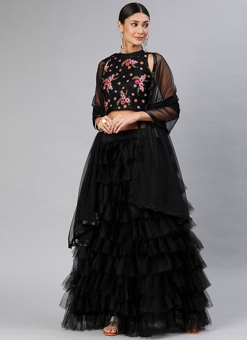 Black Net Embroidered A Line Lehenga Festive Wear
