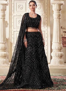 Black Net Embroidered And Sequins A Line Lehenga
