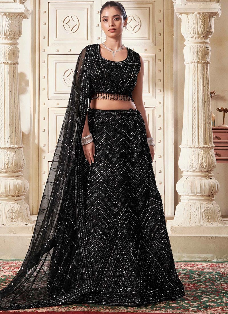 Black Net Embroidered And Sequins A Line Lehenga