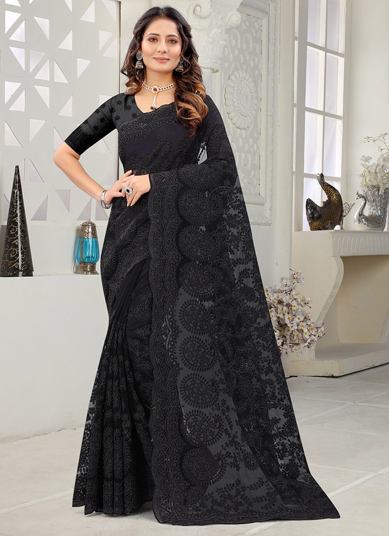 Black Net Embroidered Saree