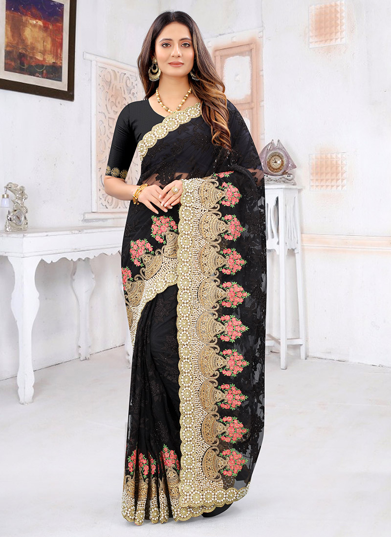 Black Net Embroidered Saree