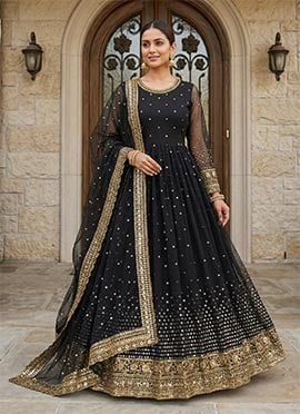 Black Net Embroidered Sequins Anarkali Suit