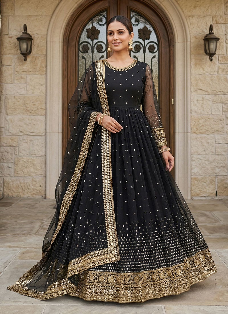 Black Net Embroidered Sequins Anarkali Suit Festive Wear