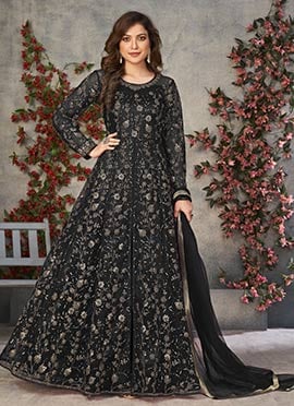 Black Net Embroidered Sequins High Slit A line Anarkali Suit