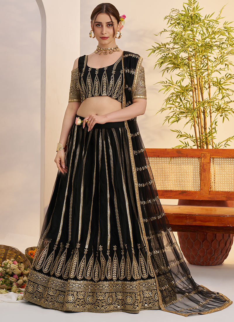 Black Net Embroidered Sequins Lehenga Wedding Wear