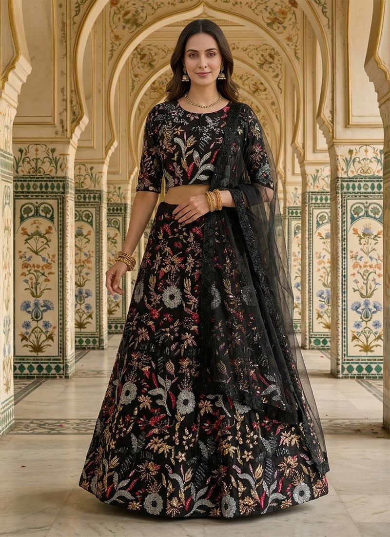 Black Net Embroidered Sequins Lehenga Wedding Wear