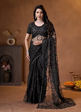 Black Net Embroidered Sequins Saree