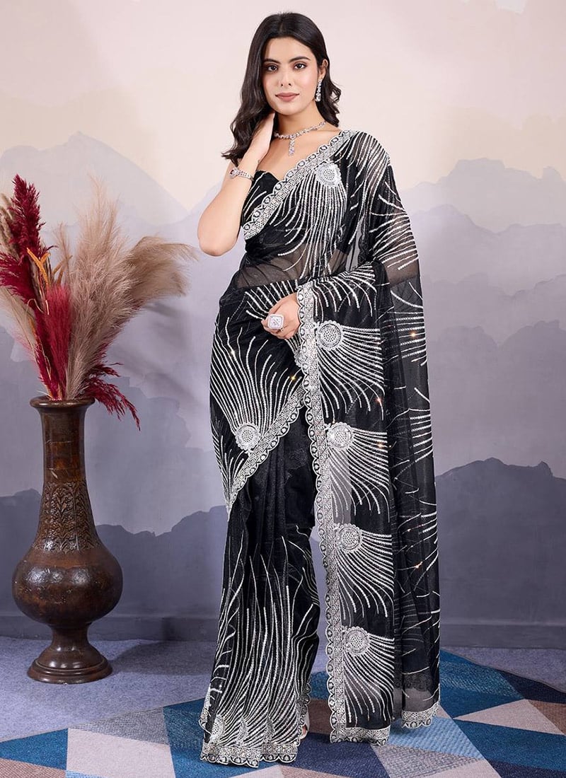 Black Net Embroidered Sequins Saree Festive Wear